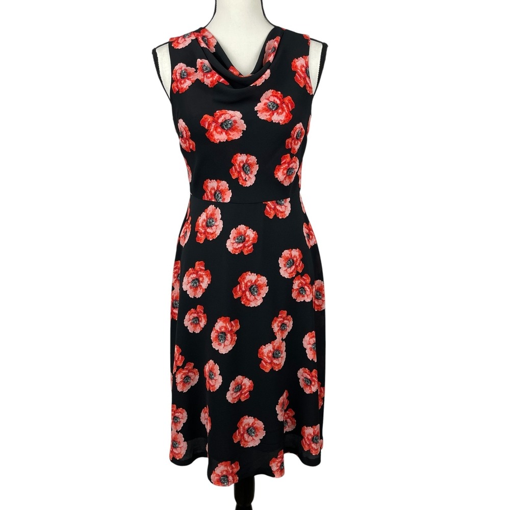 Talbots Petites Women's Dress 2P Black Red Poppy Floral Sleeveless Cowl Neck